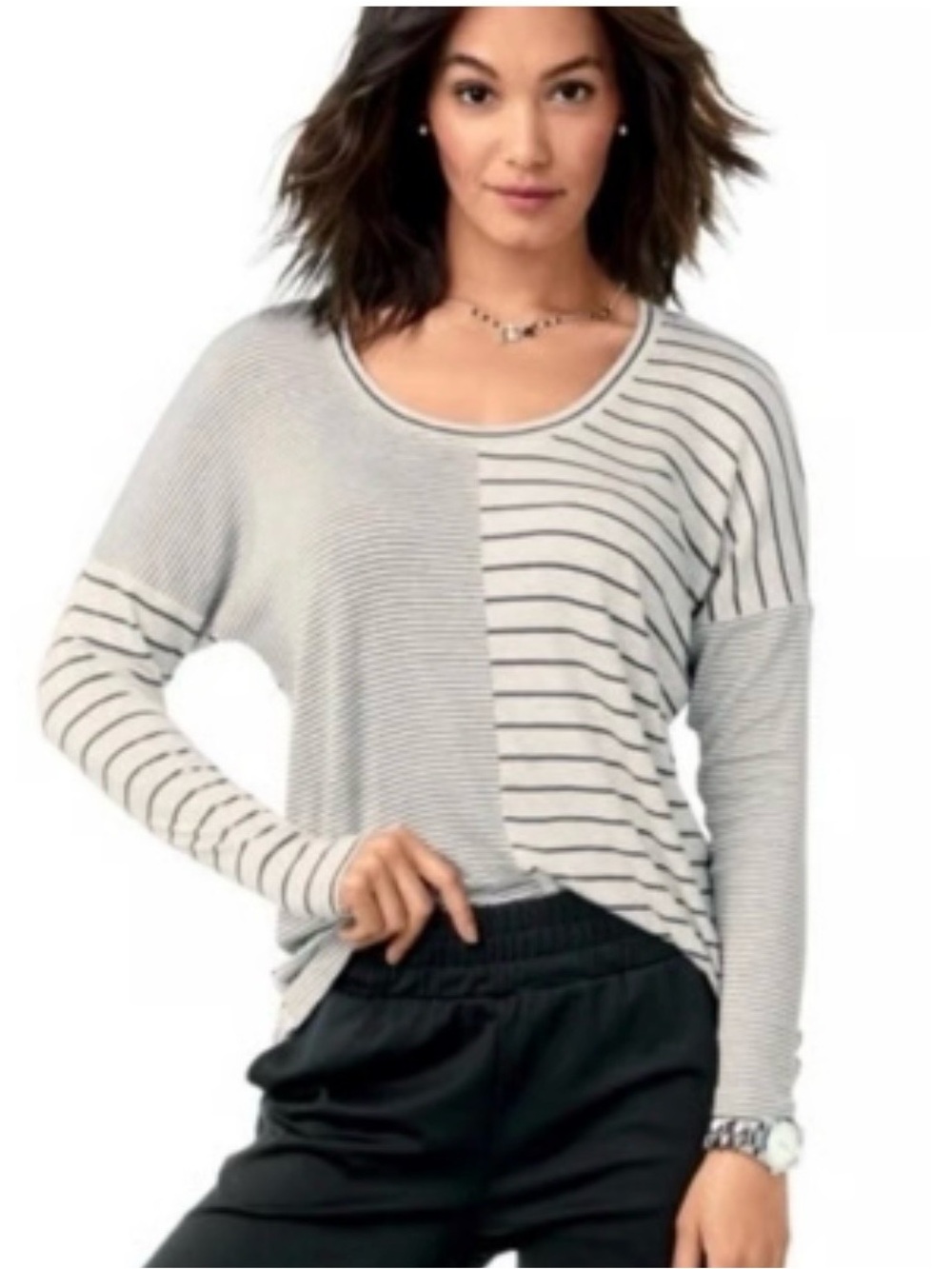 Cabi Pivot Oversized Off-White and Black Striped Long Sleeve Tee